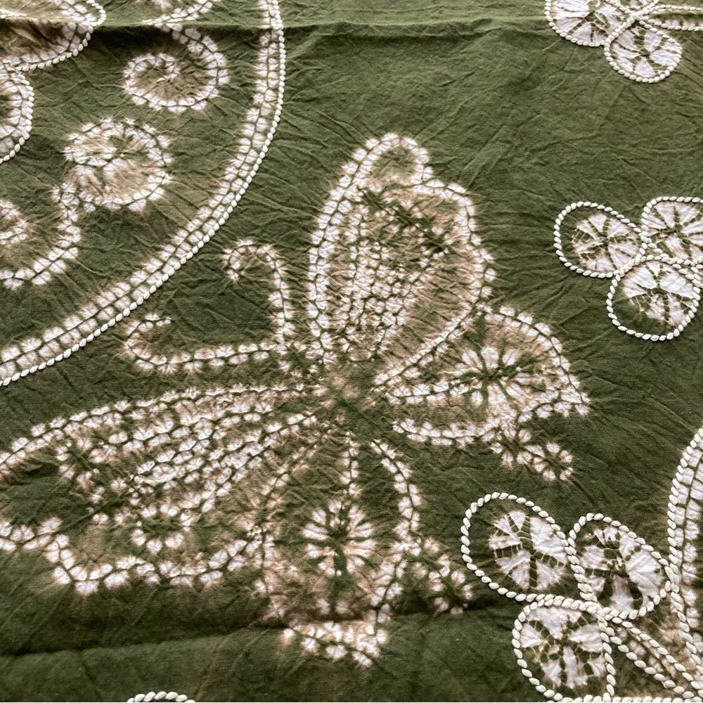Hand Dyed Scarf Stitched Shibori Embroidered Olive Green Tie Dye 42" Square - Picture 4 of 8